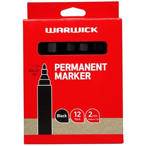 Warwick Black Permanent Marker Bullet Tip, Box of 12