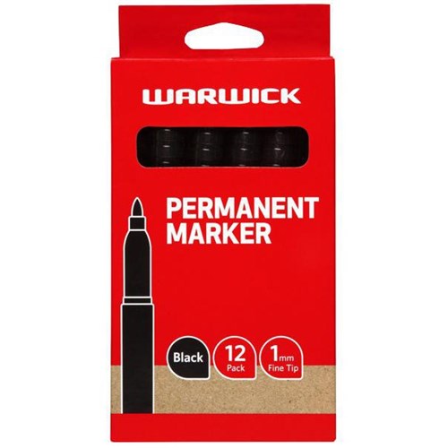 Warwick Black Permanent Marker Fine Tip, Box of 12