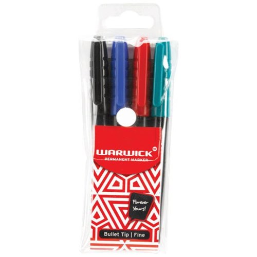 Warwick Permanent Marker Fine Tip Assorted Colours, Pack of 4