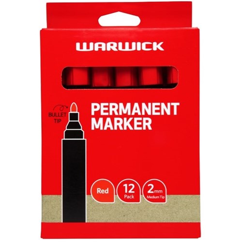 Warwick Red Permanent Markers Bullet Tip, Box of 12