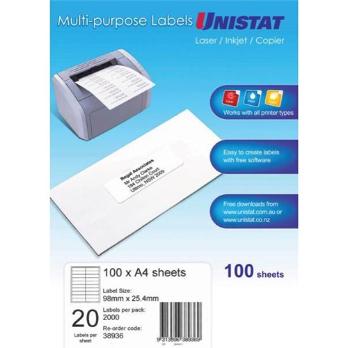 Unistat Label DL  98x25.4mm 20 Per Sheet 100 Sheets