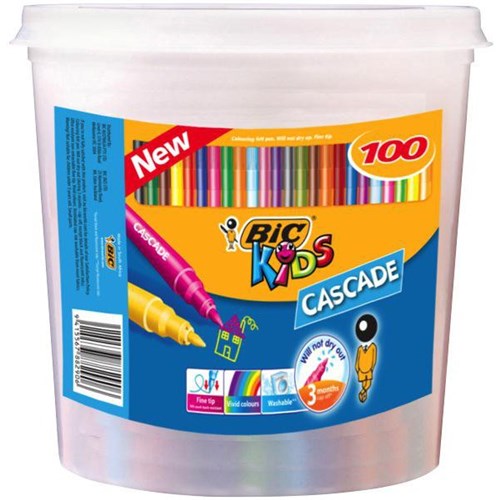 BIC Kids Cascade Felt Tip Markers Assorted Colours, Tub of 100