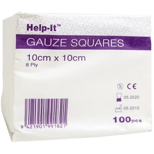 Help-It Gauze Squares Non Sterile 8 Ply 100x100mm, Pack of 100