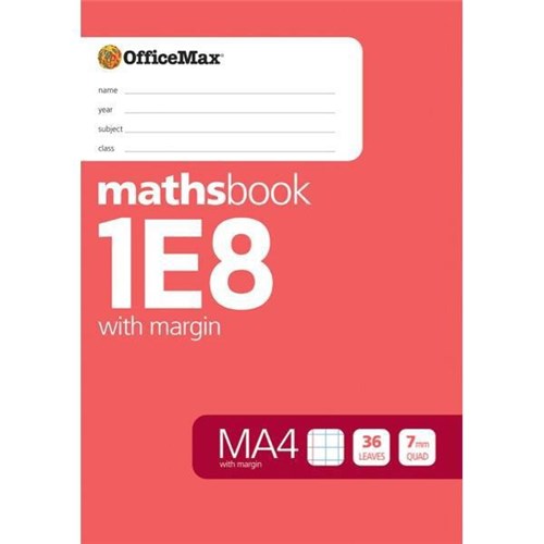 OfficeMax 1E8 MA4 Maths Exercise Book 7mm Quad With Margin 36 Leaves