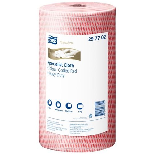 Tork Premium Heavy Duty Colour Coded Cloths 500 x 300mm Red 297702, Roll of 90