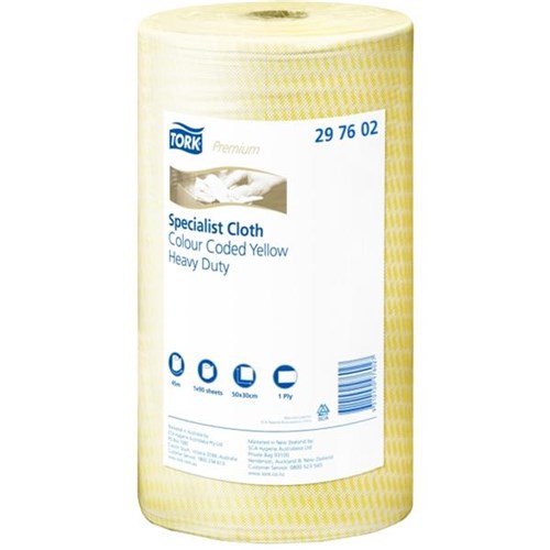 Tork Premium Heavy Duty Colour Coded Cloths 500 x 300mm Yellow 297602, Roll of 90