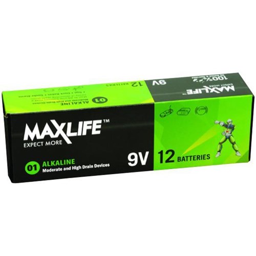 Maxlife Alkaline Batteries, 9 Volt, Box of 12