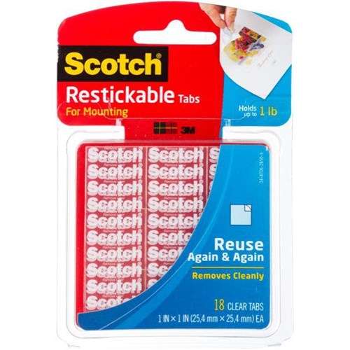 3M™Scotch® R100 Double-Sided Reusable Tabs 25mm x 25mm Clear, Pack of 18