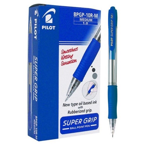 Pilot Super Grip Blue Retractable Ballpoint Pen 1.0mm Medium Tip, Box of 12